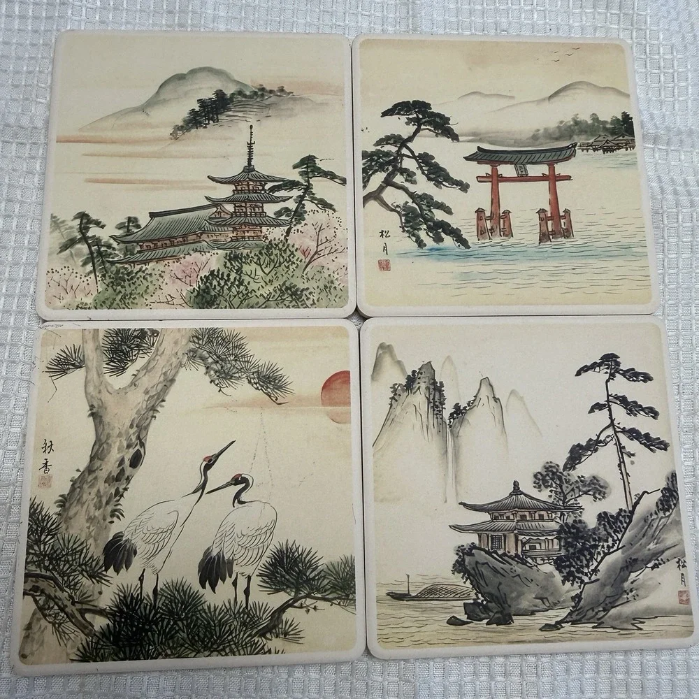 Vintage Japanese Ceramic Coaster Trivet Set Crane Torii Gate Pagoda Cork Back